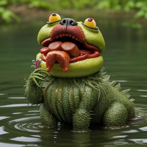 Surreal Swamp Monster Devours Hotdog in Cutesy Close-Up Port...