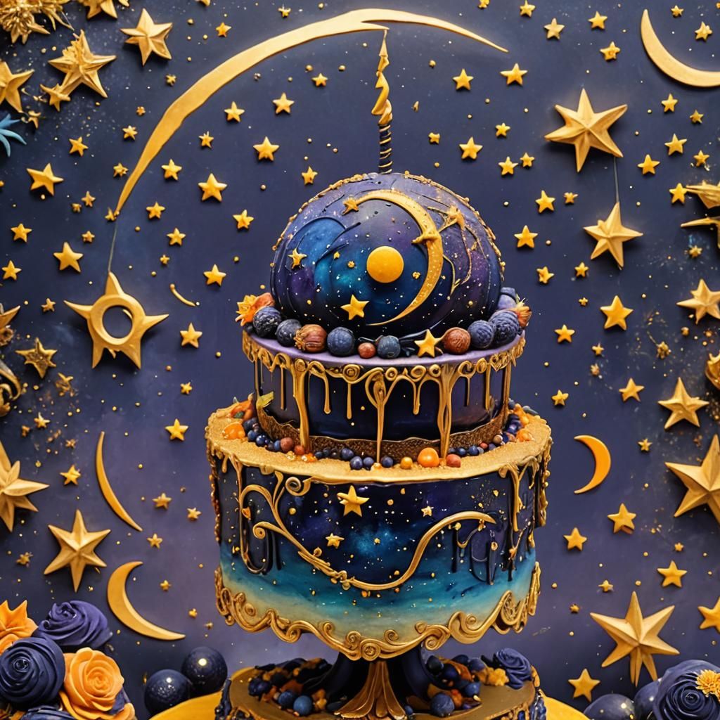 Surreal Cake Masterpiece with Night Sky Orb and Celestial Bo...