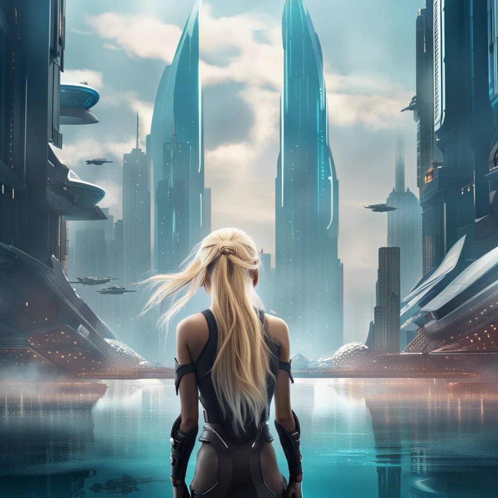 Ethereal Futuristic Warrior Stands Amidst Floating Megacity