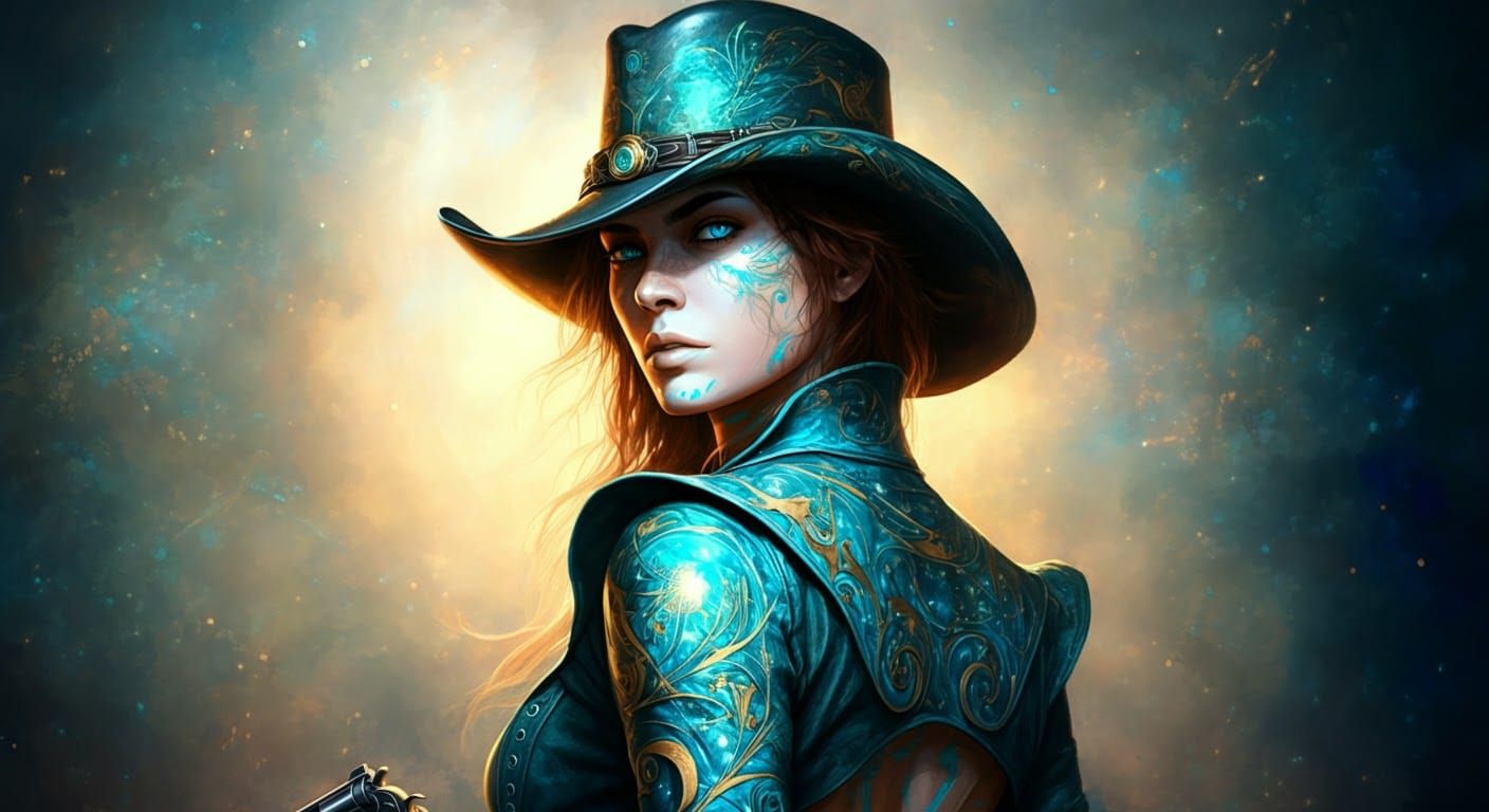 Surreal Gunslinger in Vibrant, Celestial Hues