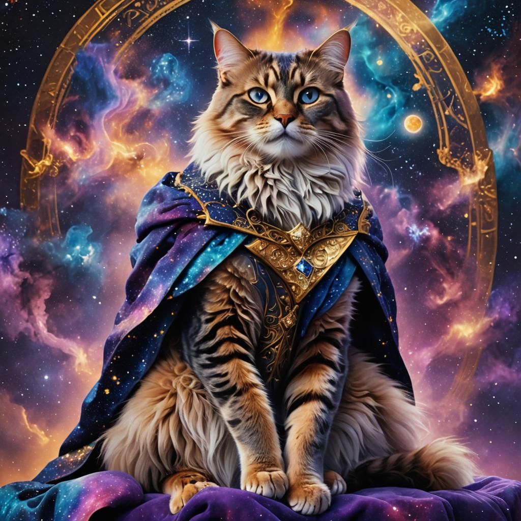 Regal Galactic Cat Sits on Starry Throne