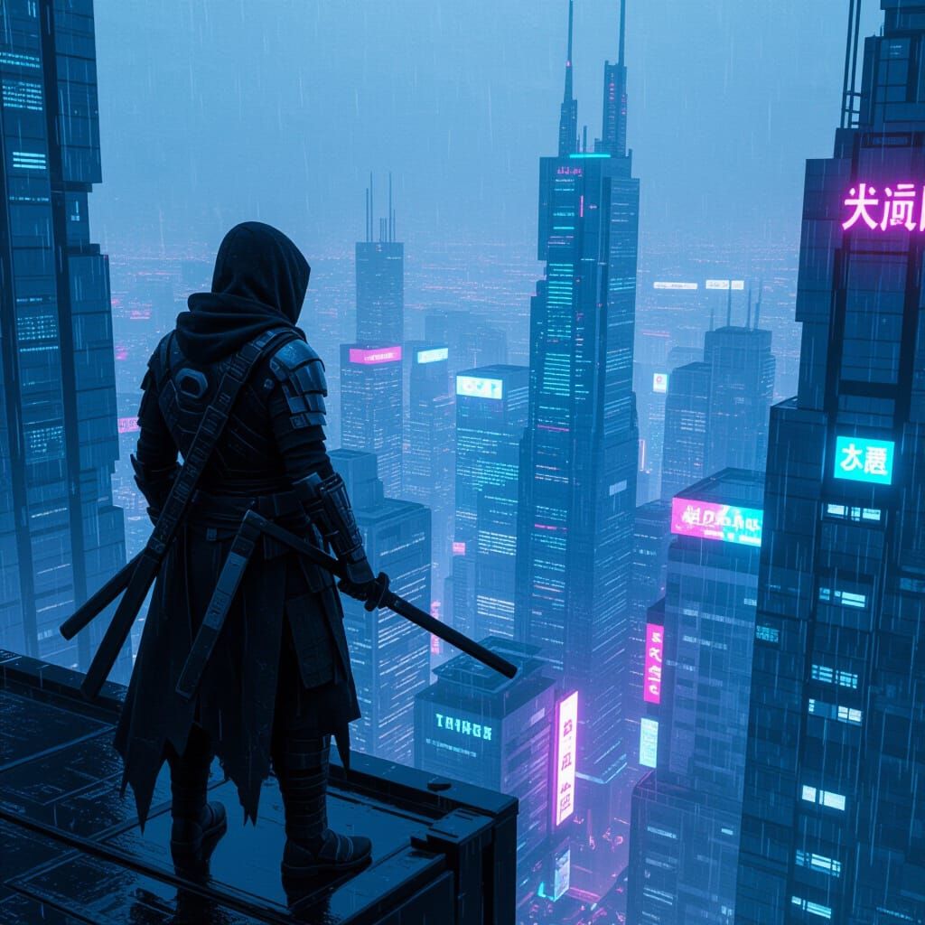 Cyberpunk Ninja Overlooking Neon Metropolis