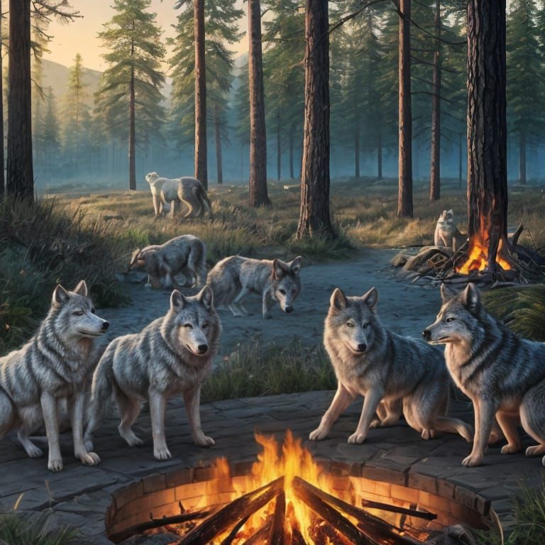 Wolf Pack Gathered Around a Cozy Fire