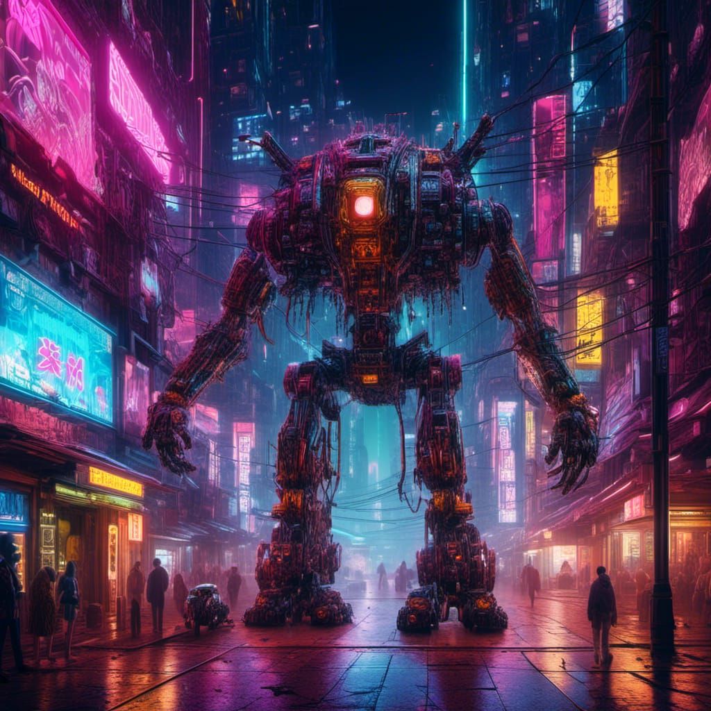 Giant Atompunk Robot Wrecks City in Neon-Lit Nighttime Mayhe...