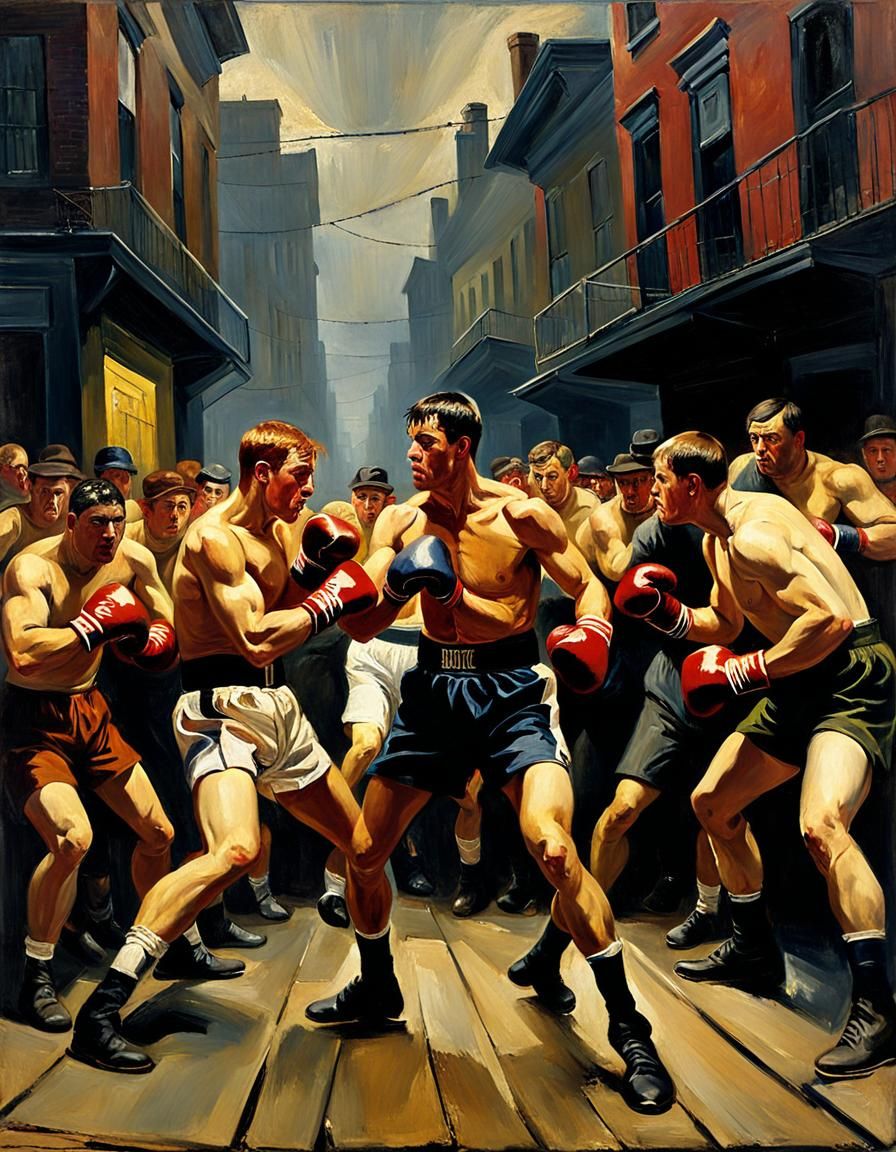 Raw Street Boxing Scene in Oil Painting Style