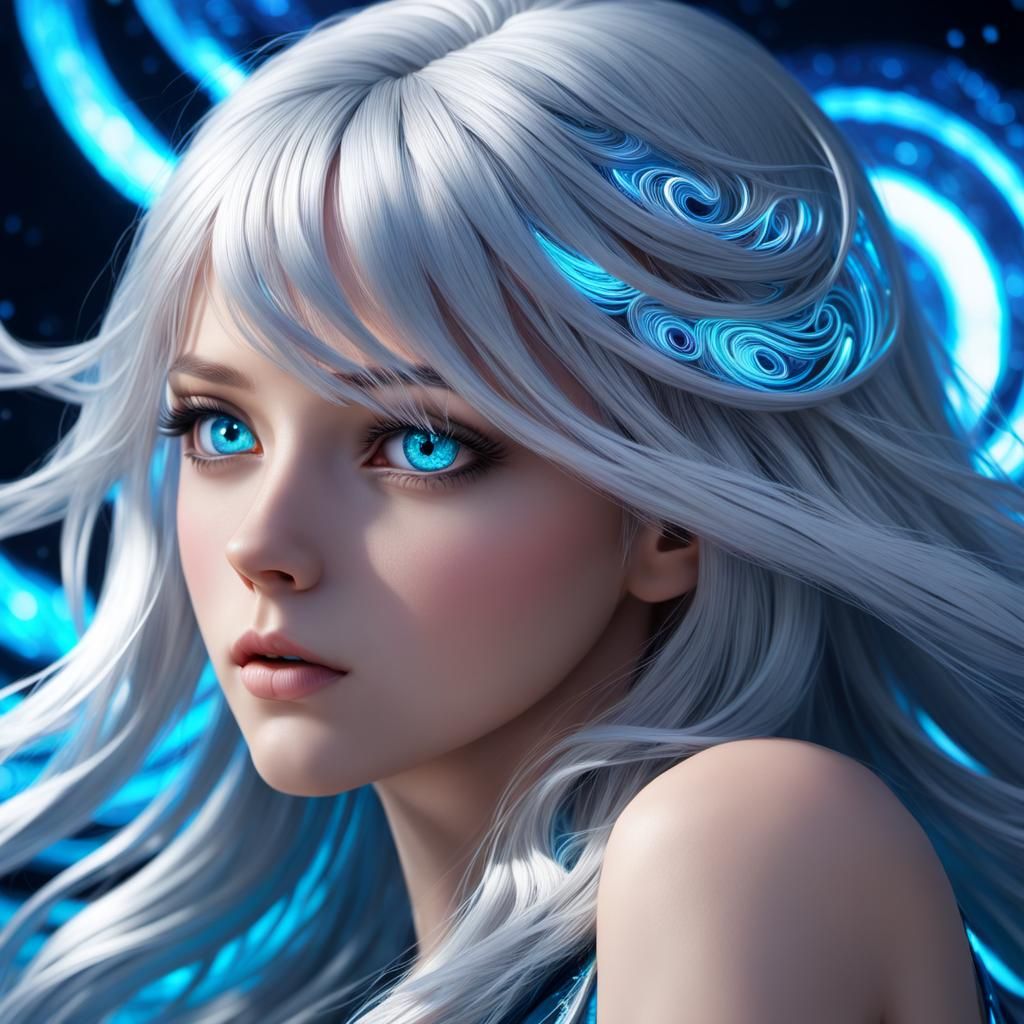 Anime-Inspired Portrait of a Young Woman with Vibrant Blue E...