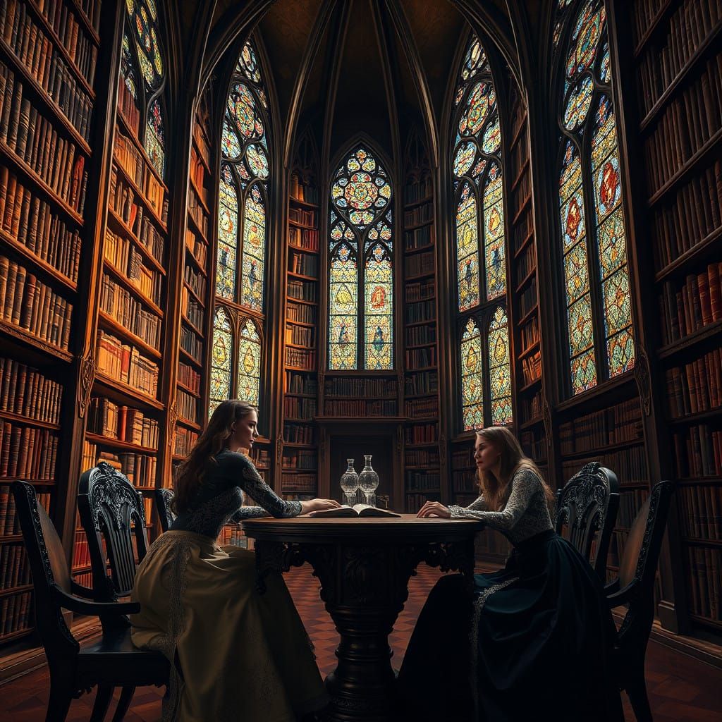 Elegant Women in a Gothic Library of Wonder