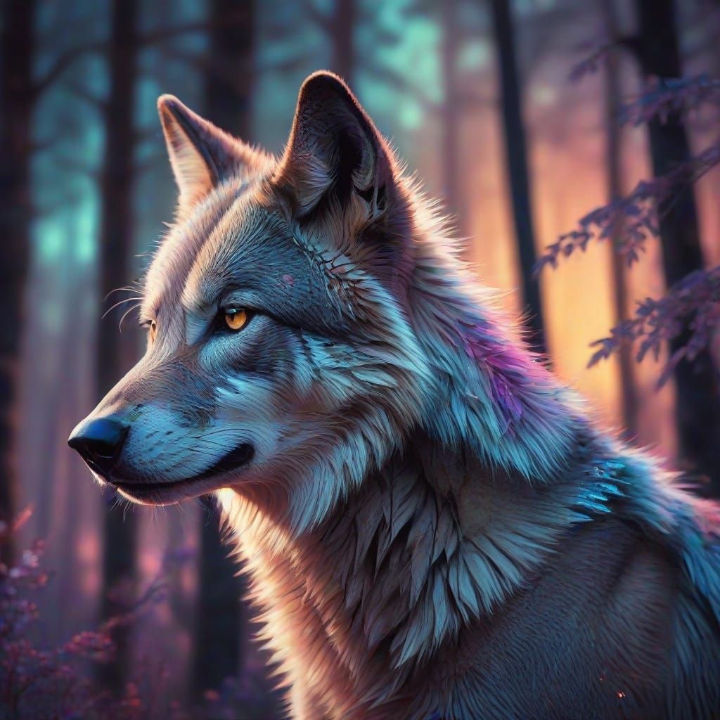 Wolf Portrait in Double Exposure Fractal Forest