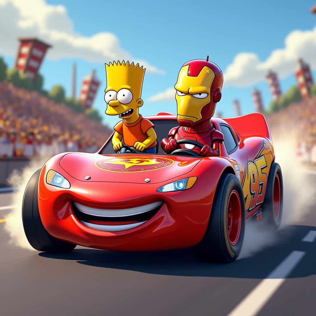 Bart Simpson and Iron Man Speed Through Radiator Springs