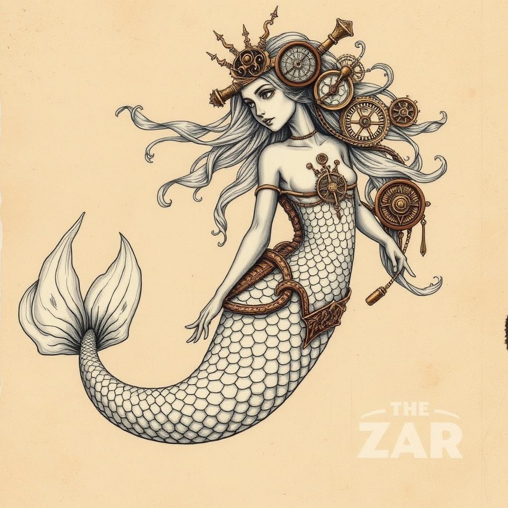 Steampunk Mermaid Sketch in Intricate Pencil Drawing