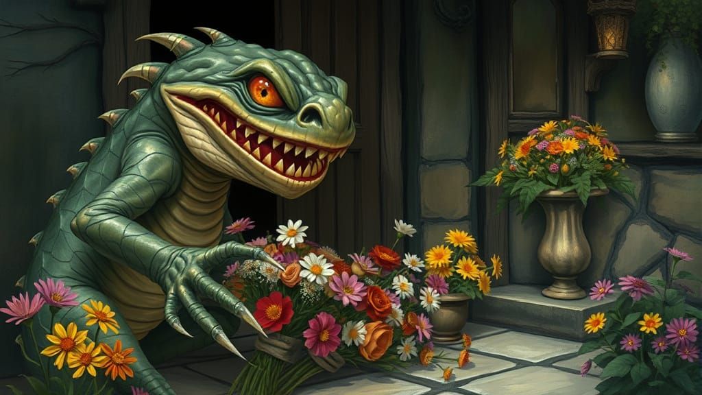 Scaly Creature Delivers Flowers in Fairy Tale Style