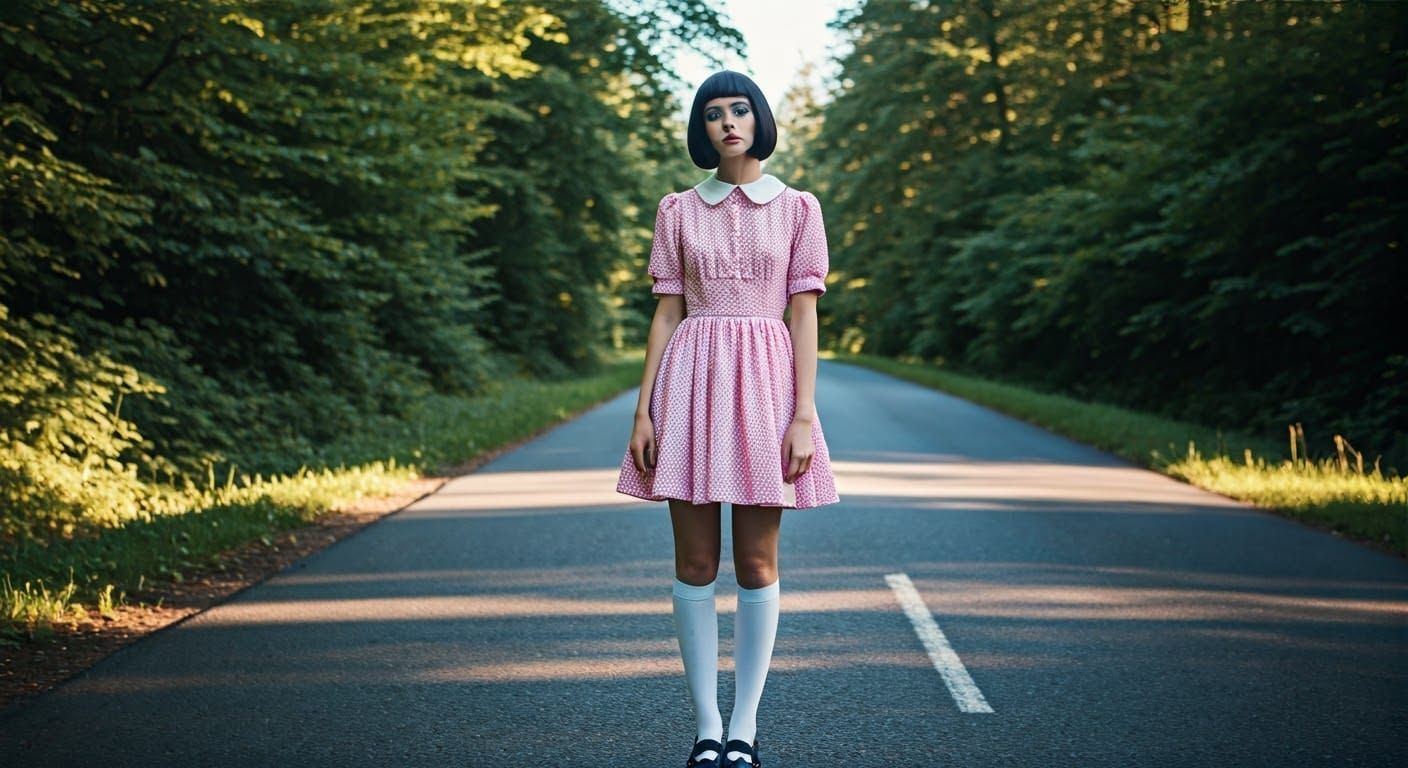 Elegant Country Road Fashionista in Cinematic Style