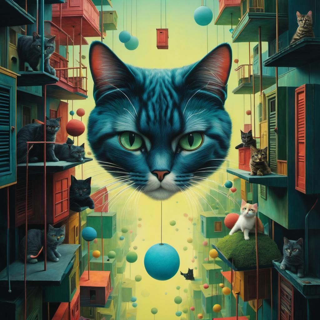 Dreamlike Feline Rebellion in a Futuristic Landscape