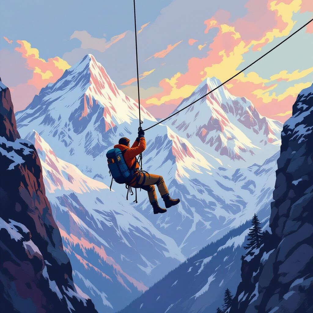 Hiker Suspended Between Mountain Peaks, Digital Art