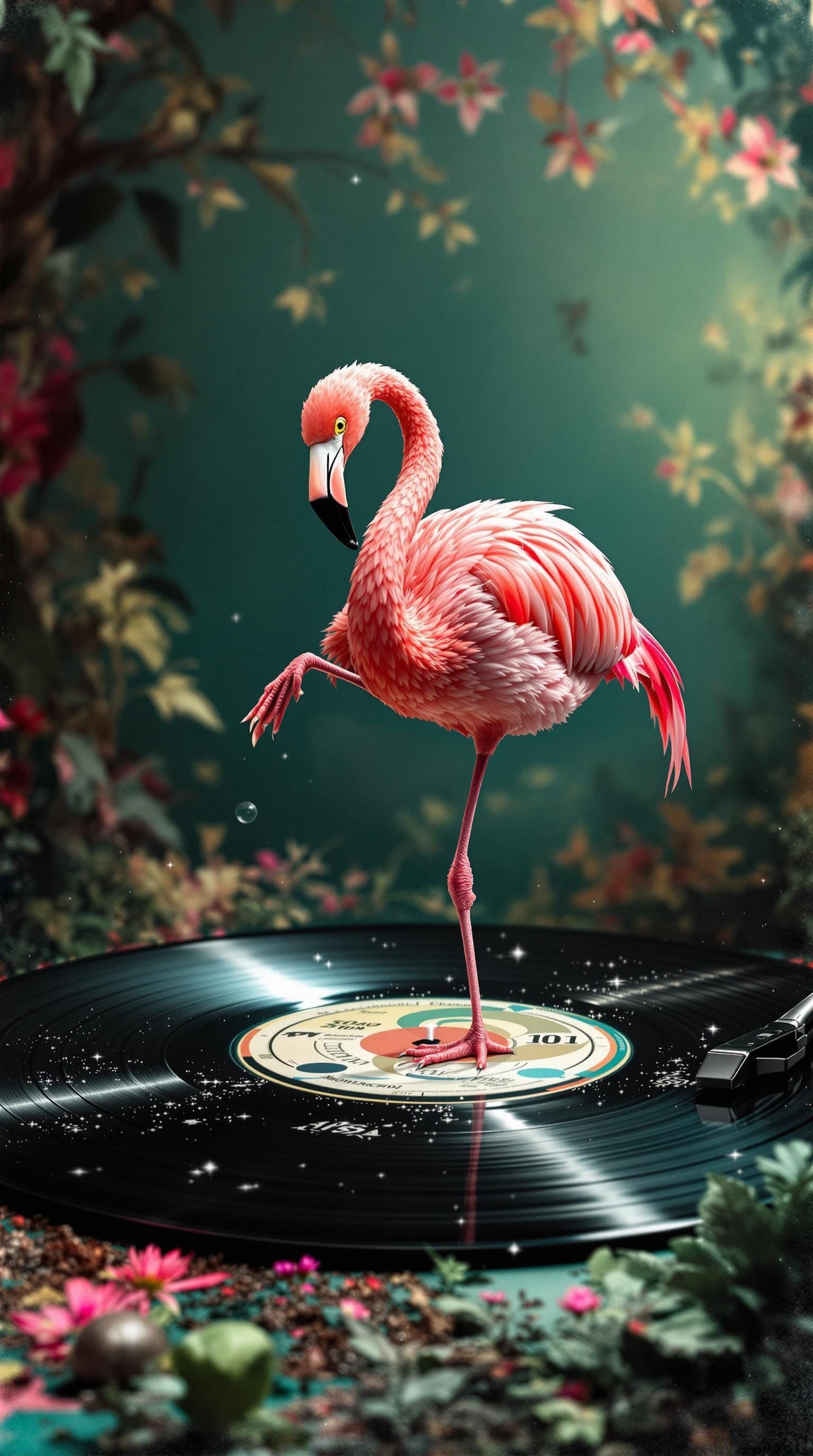 Flamingo Breakdancing on a Vinyl Record