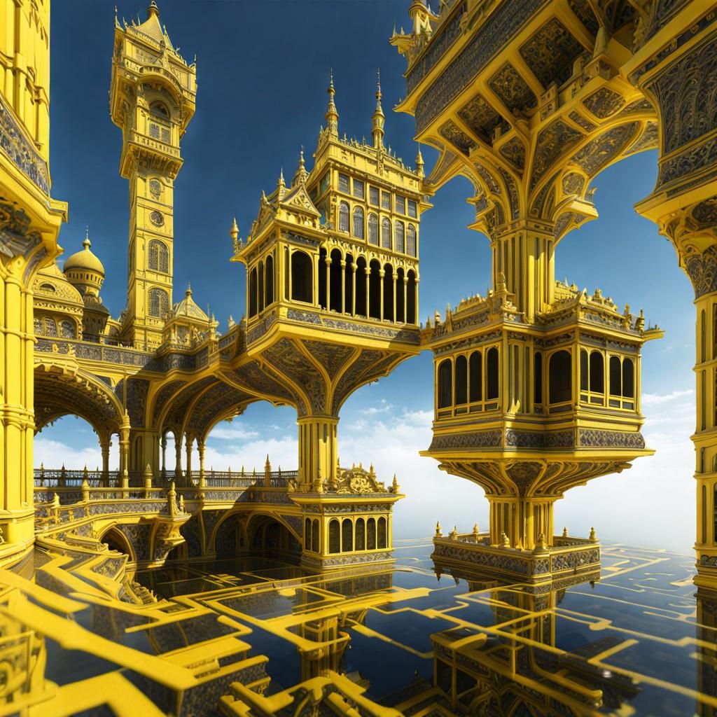 Surreal Yellow Palace in Optical Illusion, Escher Style