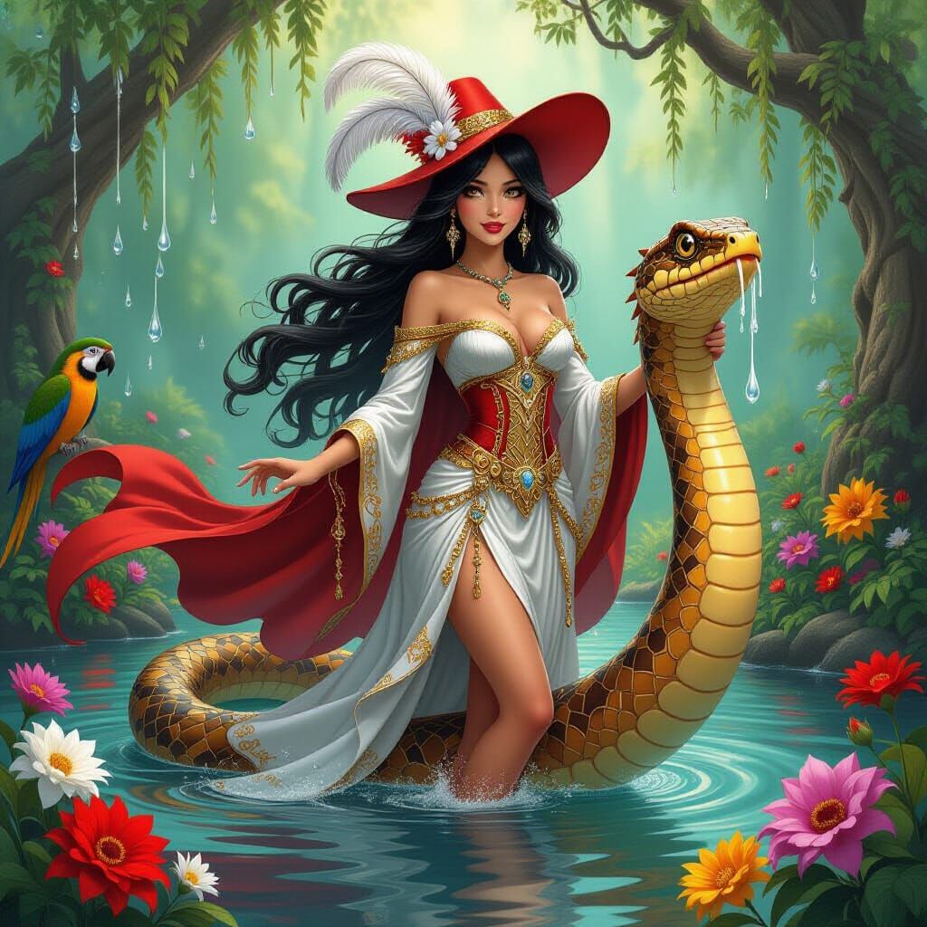 Water Goddess Rides a Snake in Dreamlike Style