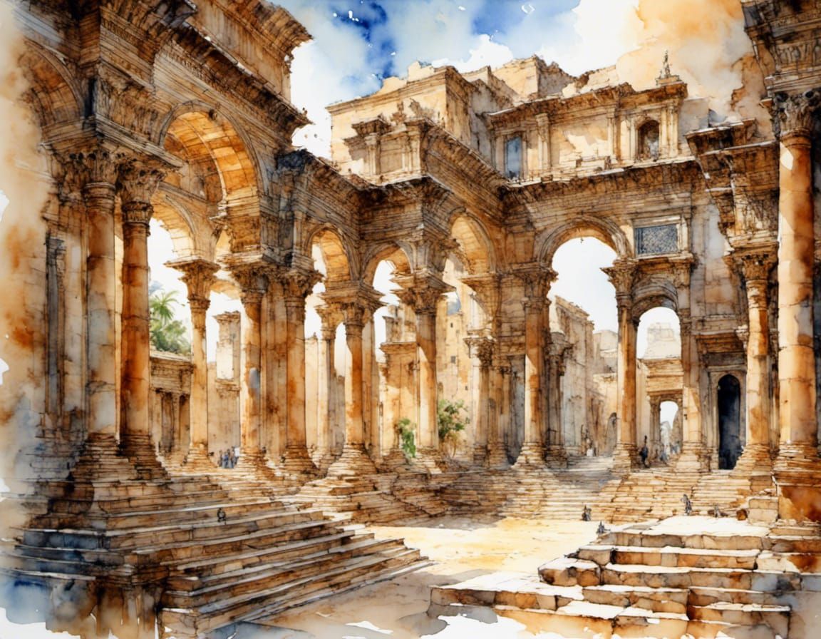 Ancient Babylonian Library Masterpiece in Soft Watercolor