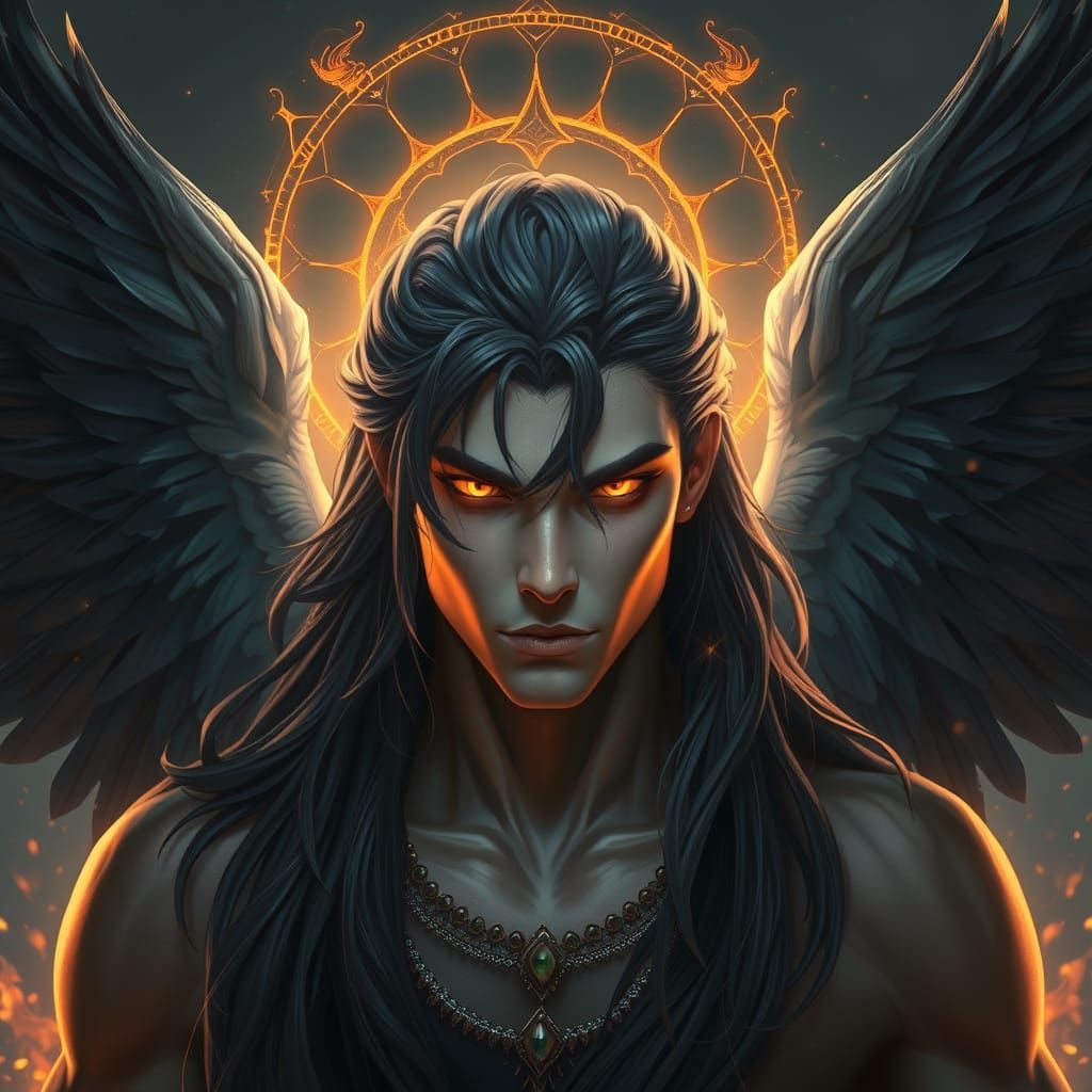 Majestic Fallen Angel with Dark Wings and Ethereal Halo