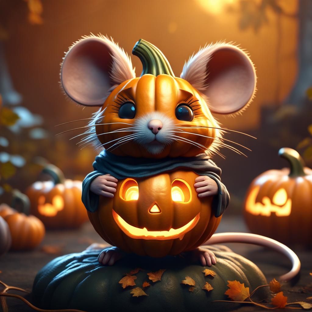 Whimsical Pumpkin Mouse in Vibrant Fantasy World