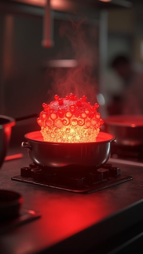 Surrealistic Sci-Fi Kitchen Scene with Alien Egg and Fondue
