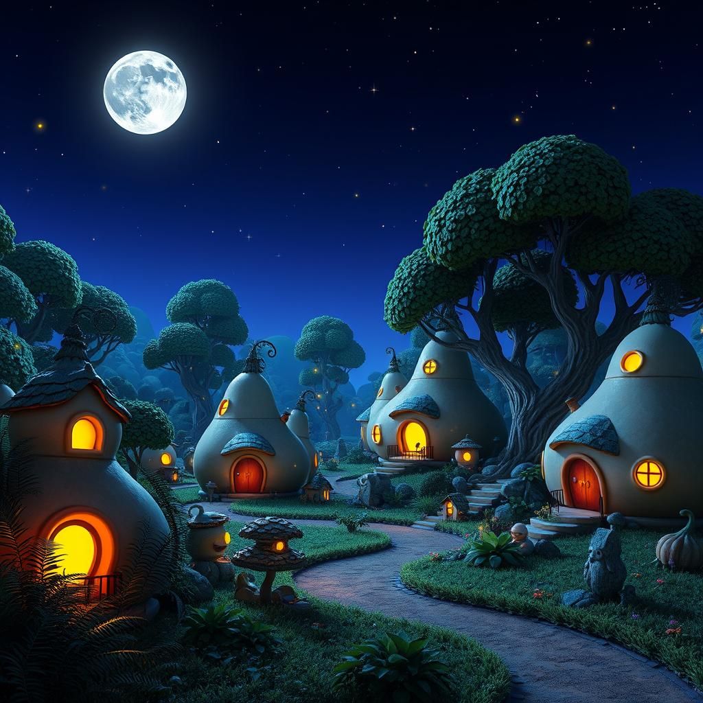 Glowing Gourd Village in Whimsical Fantasy Landscape