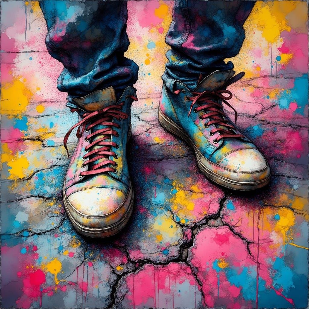 Vibrant Street Art of Sneakers Avoiding Cracks