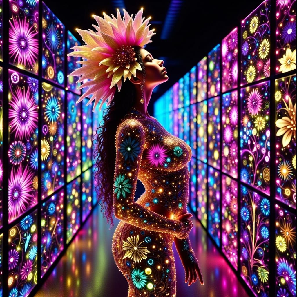 Surreal Alien Fashion Model in a Radiant Floral Wonderland