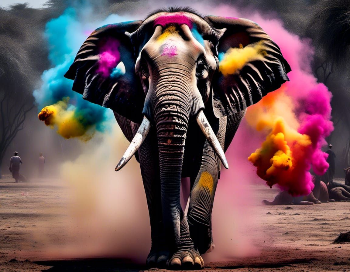 Majestic Elephant Celebrates Holi in Hyperrealistic Style