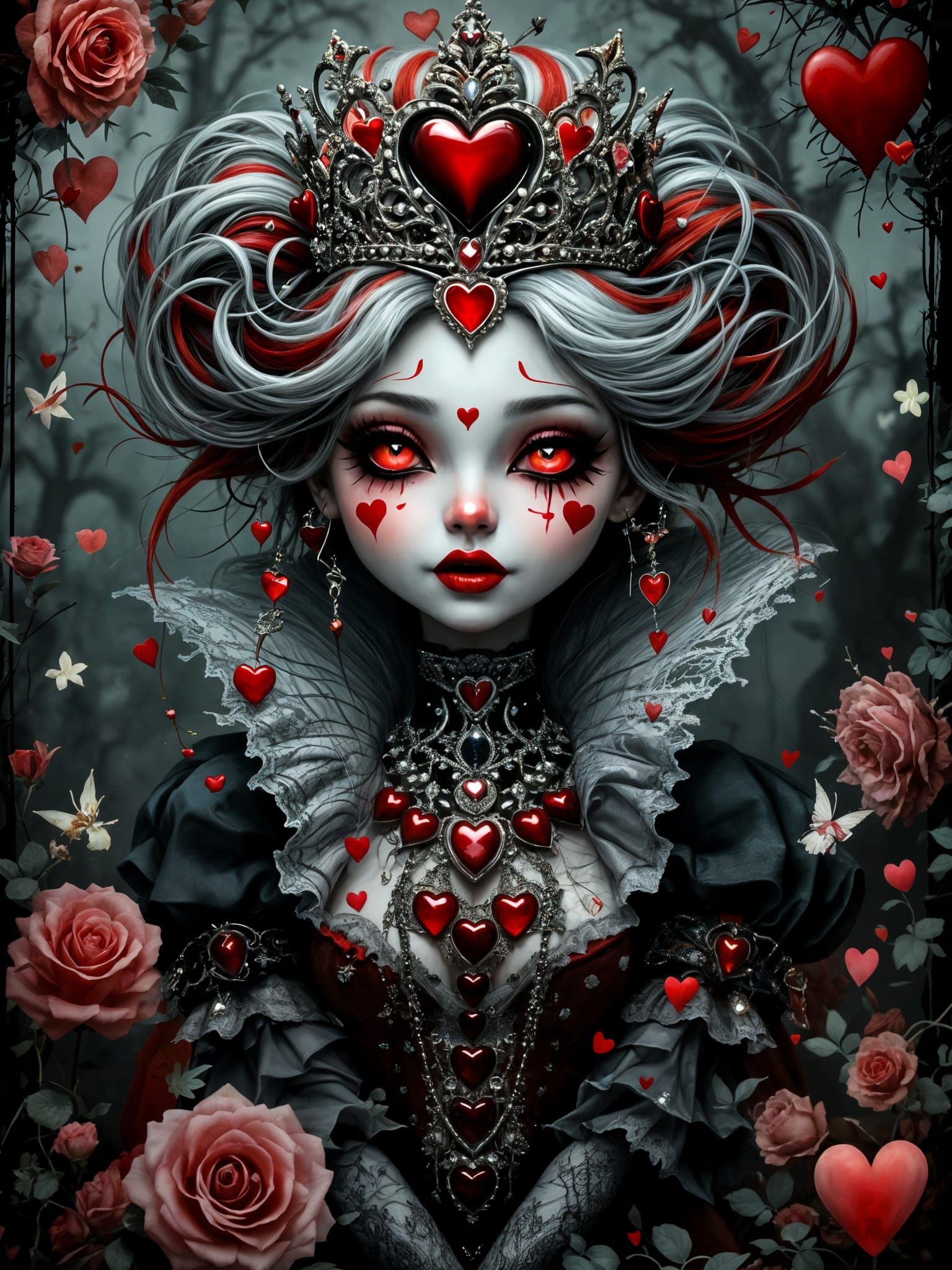 Whimsical Gothic Queen of Hearts in Stylized Surreal Beauty