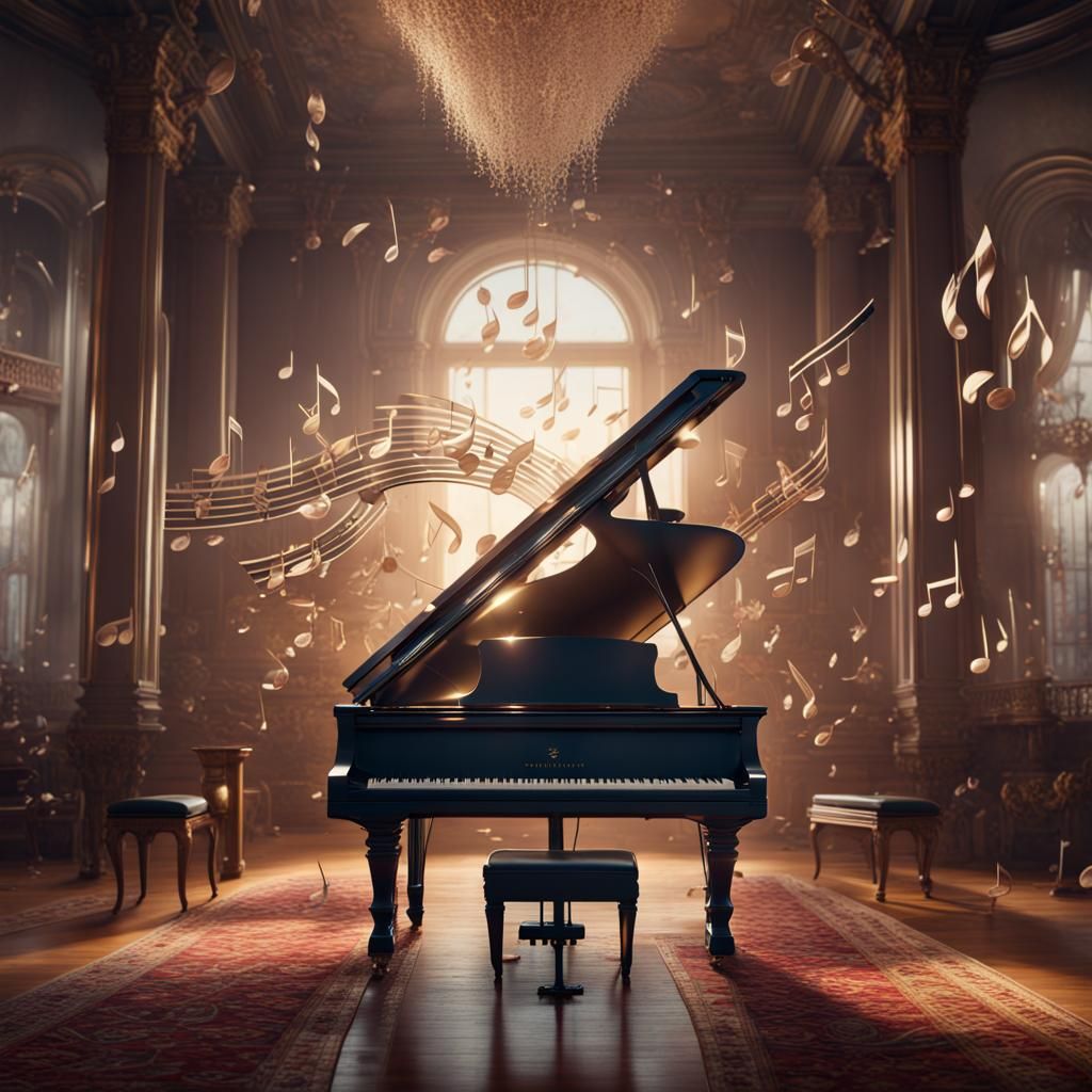 Surreal Music Notes Unfold from a Grand Piano