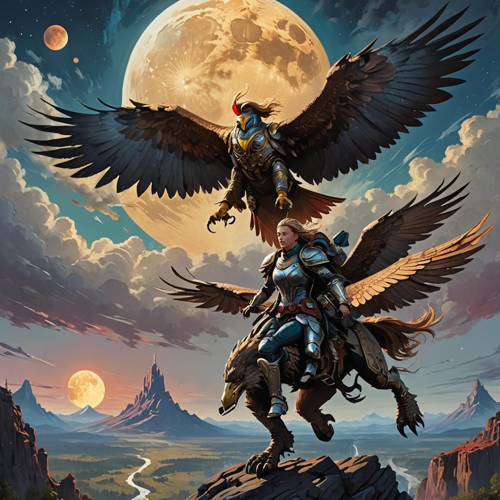 Majestic Marvel Woman Soars on Eagle's Back Under a Radiant....