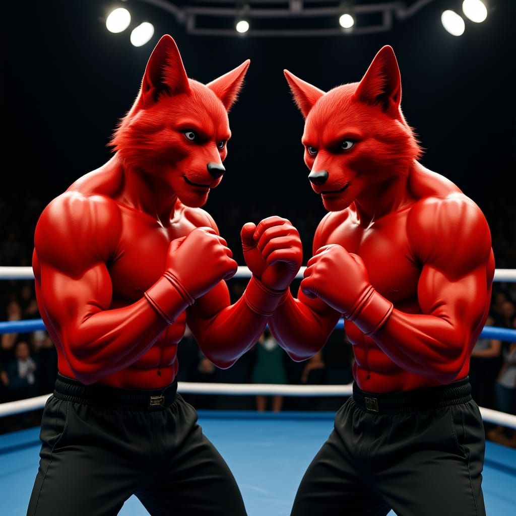 Two male wolf shifters, both red wolves, fighting each other...