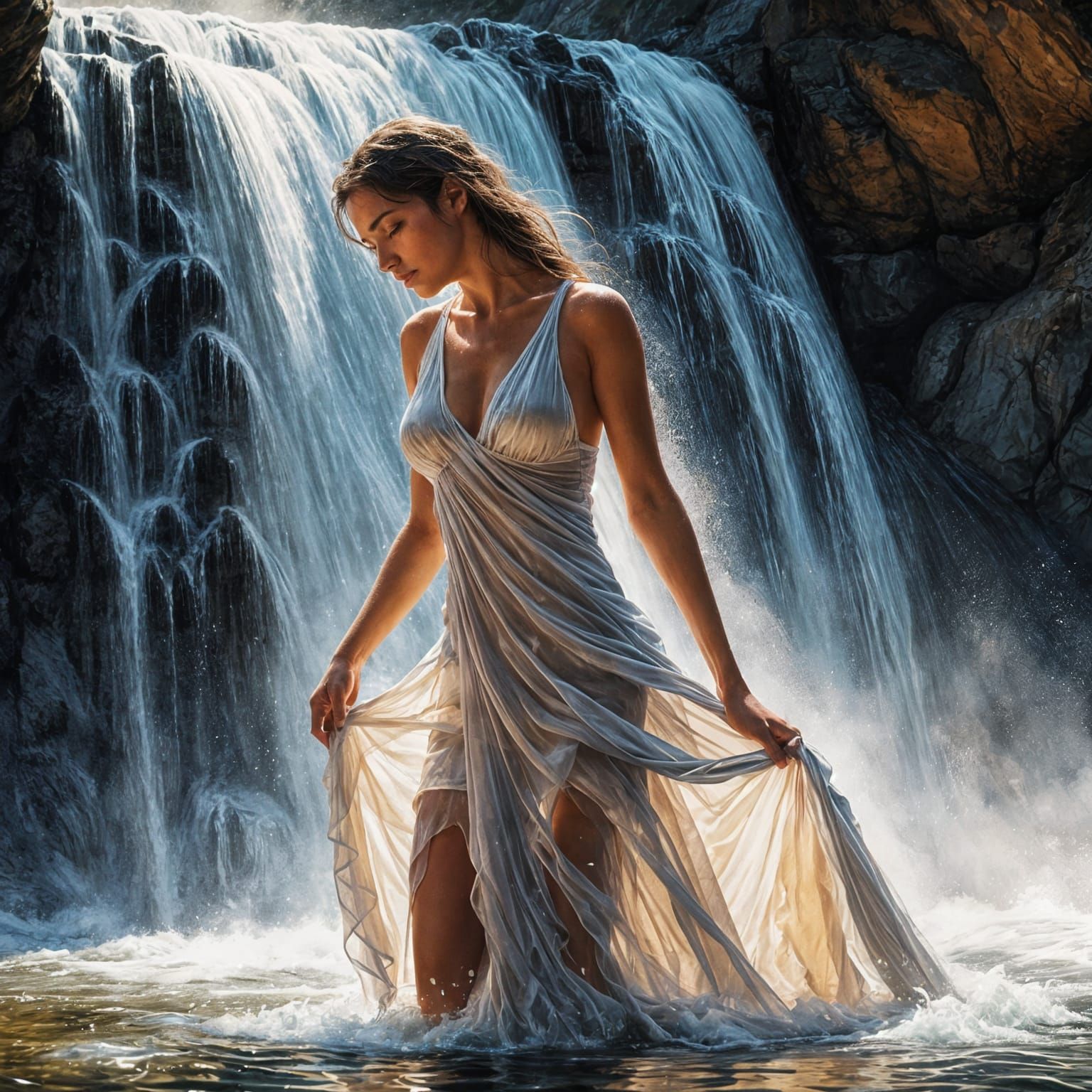 Woman Under Waterfall in Digital Painting