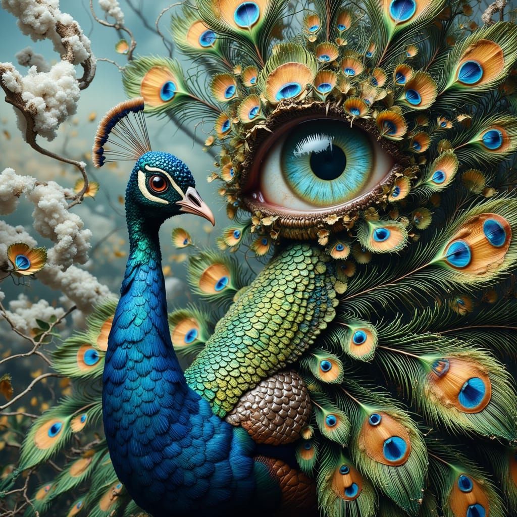 Surreal Peacock Hybrid with Human Eye and Waterfall Iris in ...