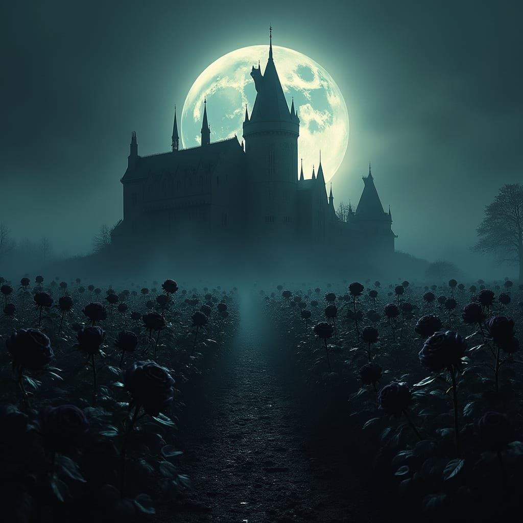 Gothic Castle in Black Roses Illuminated by Full Moon