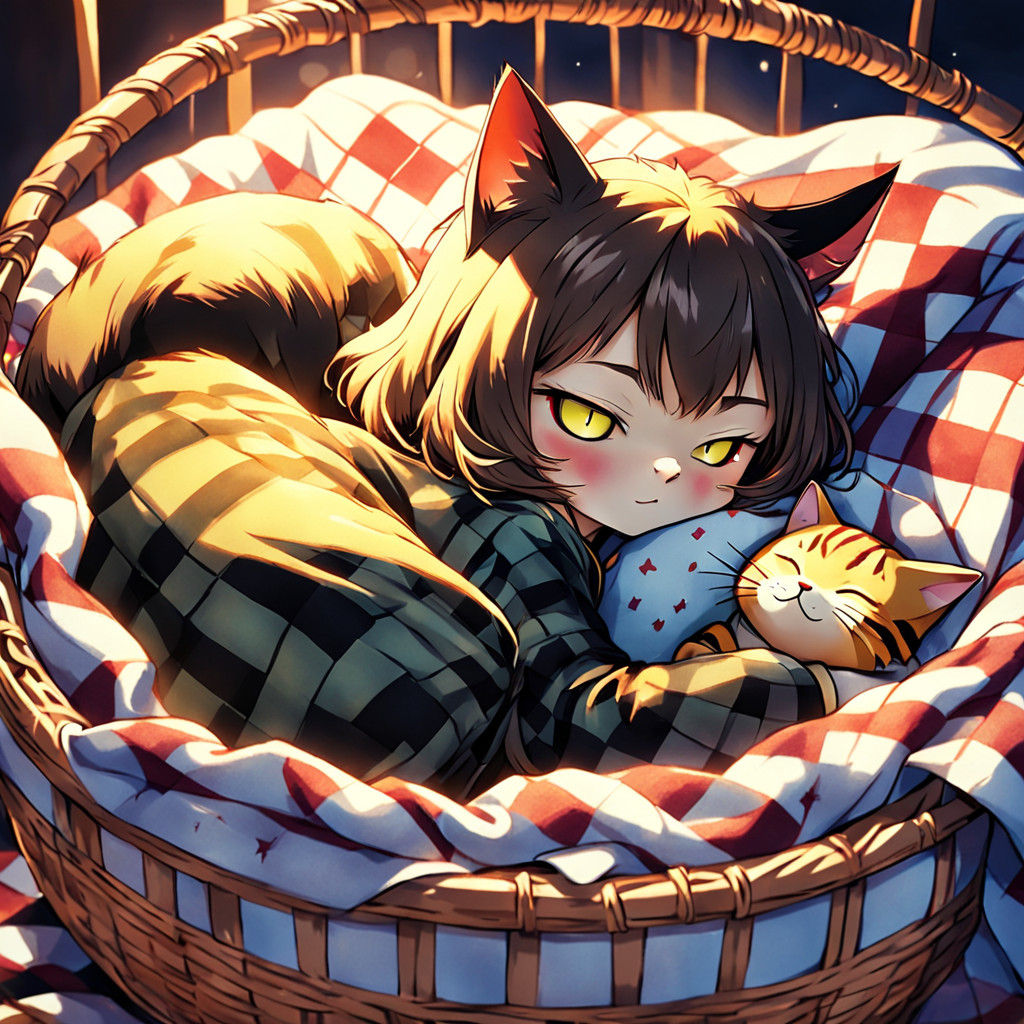 Anime Cat Girl in Checkered Comfort