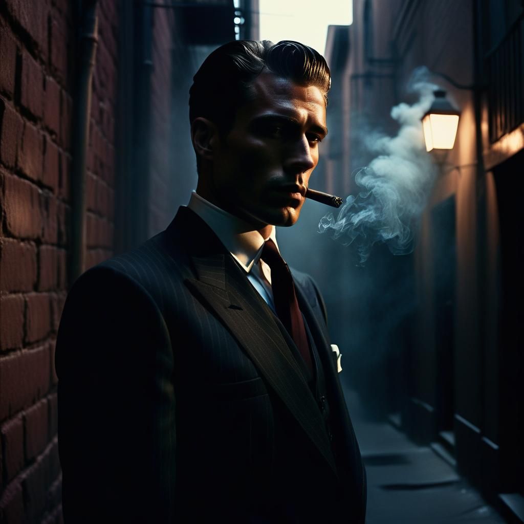 Classic Hollywood Gangster in Smoky Alleyway
