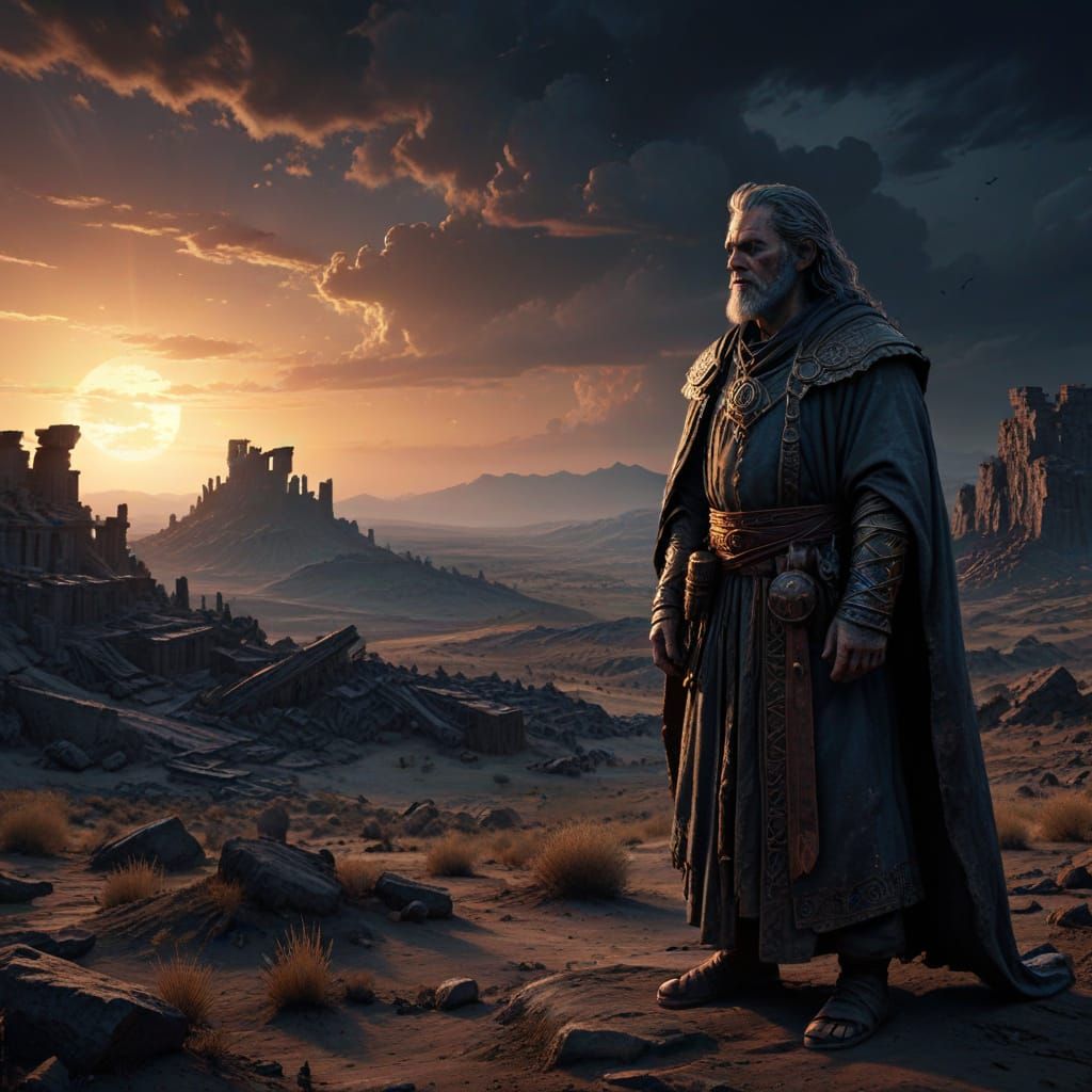 Ancient Wiseman on Desolate Plain Under Twilight Sky