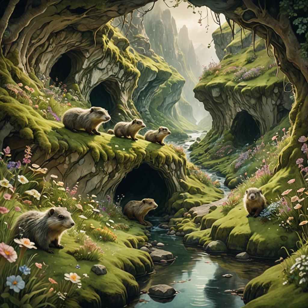 Whimsical Landscape of Playful Marmots in a Lush Green Haven