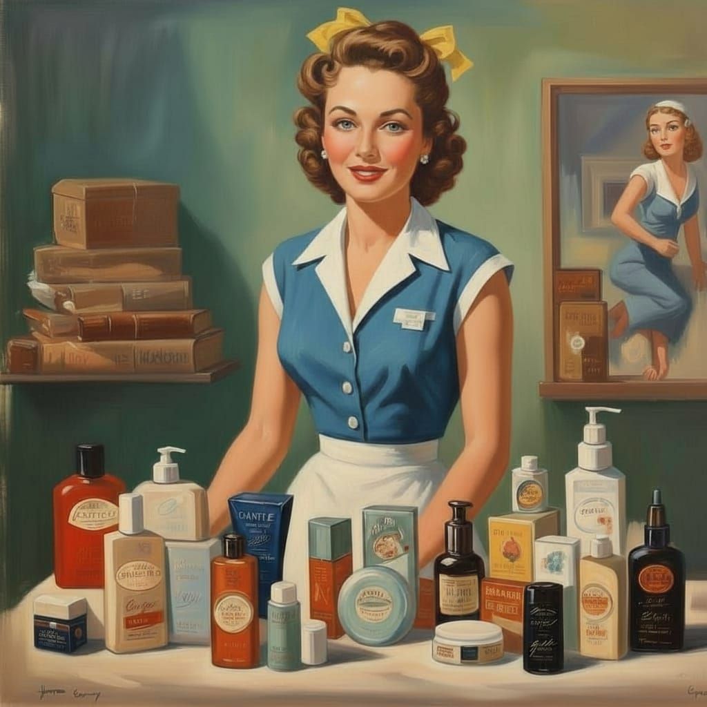Pin-Up Model in 1940s Attire Holds Makeup and Beauty Product...