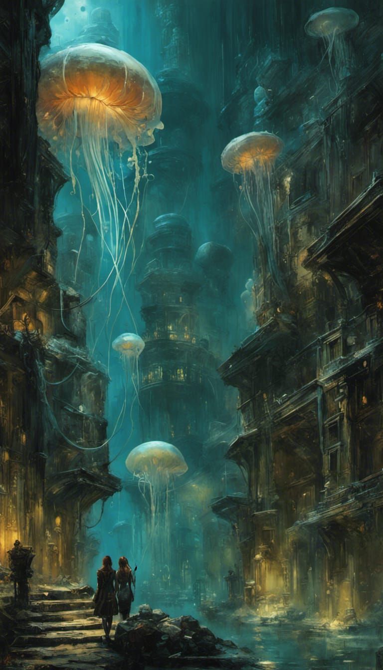SDXL 1.0: Science Fantasy: Jellyfish in the City