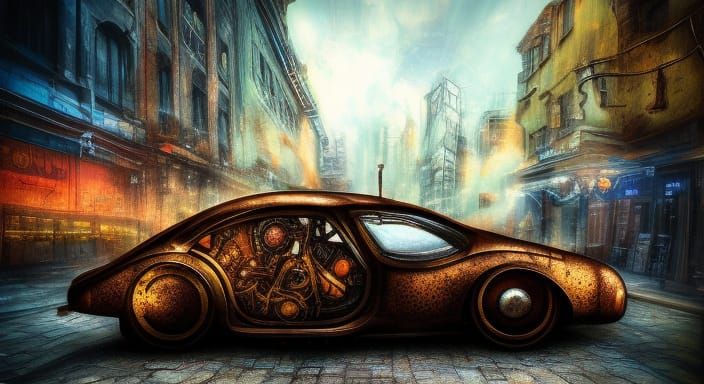 electro car rusty steampunk, full view, city, street filled with people, steampunk, dieselpunk, cyberpunk, 2099 style, J...