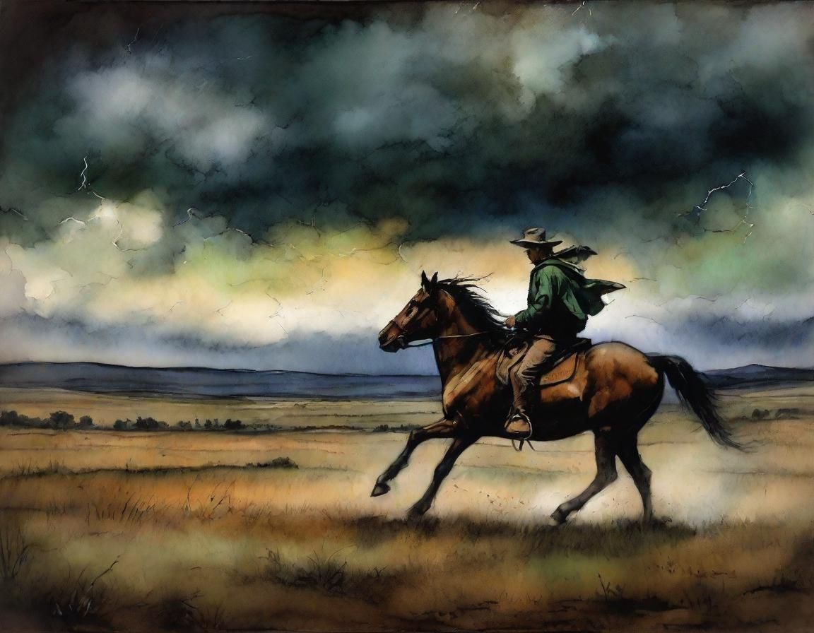 Majestic Lone Rider Vanishes into Stormy Western Horizon