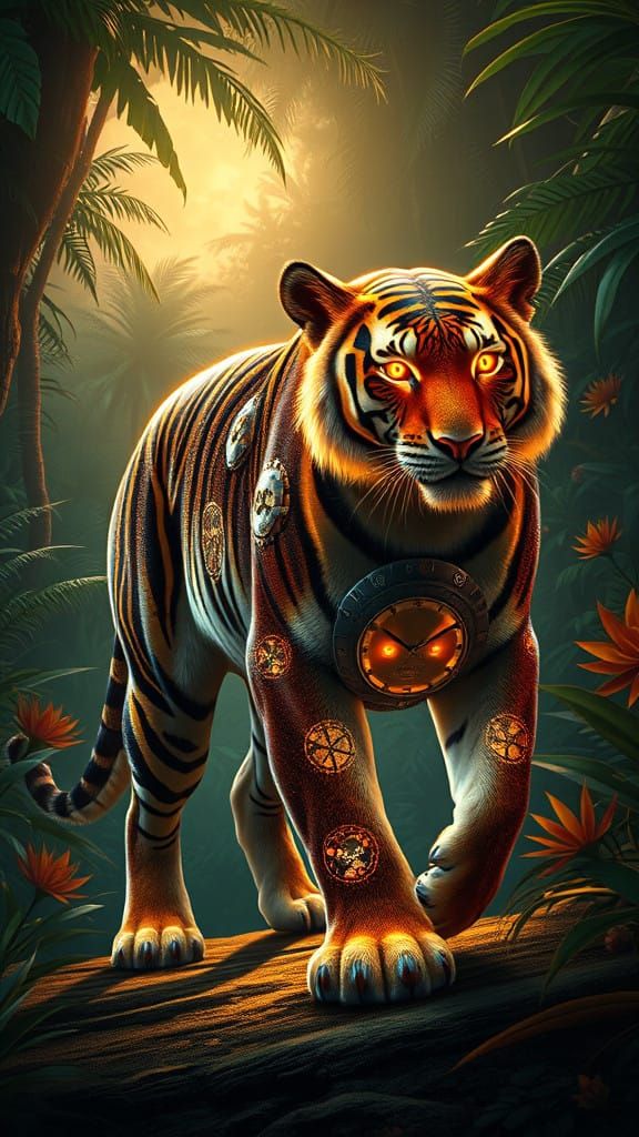 Clockwork Tiger Stalks Through a Vibrant Jungle
