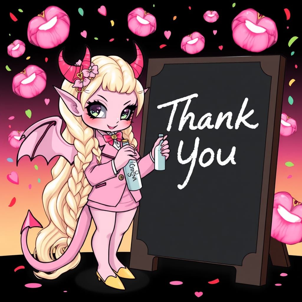 Kawaii Demon in Gucci Attire with Vodka and Chalkboard