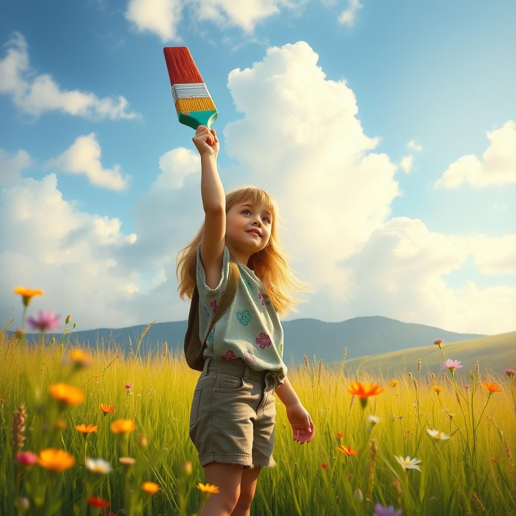 Whimsical Girl Brings Colors to Life in Vibrant Meadow Scene