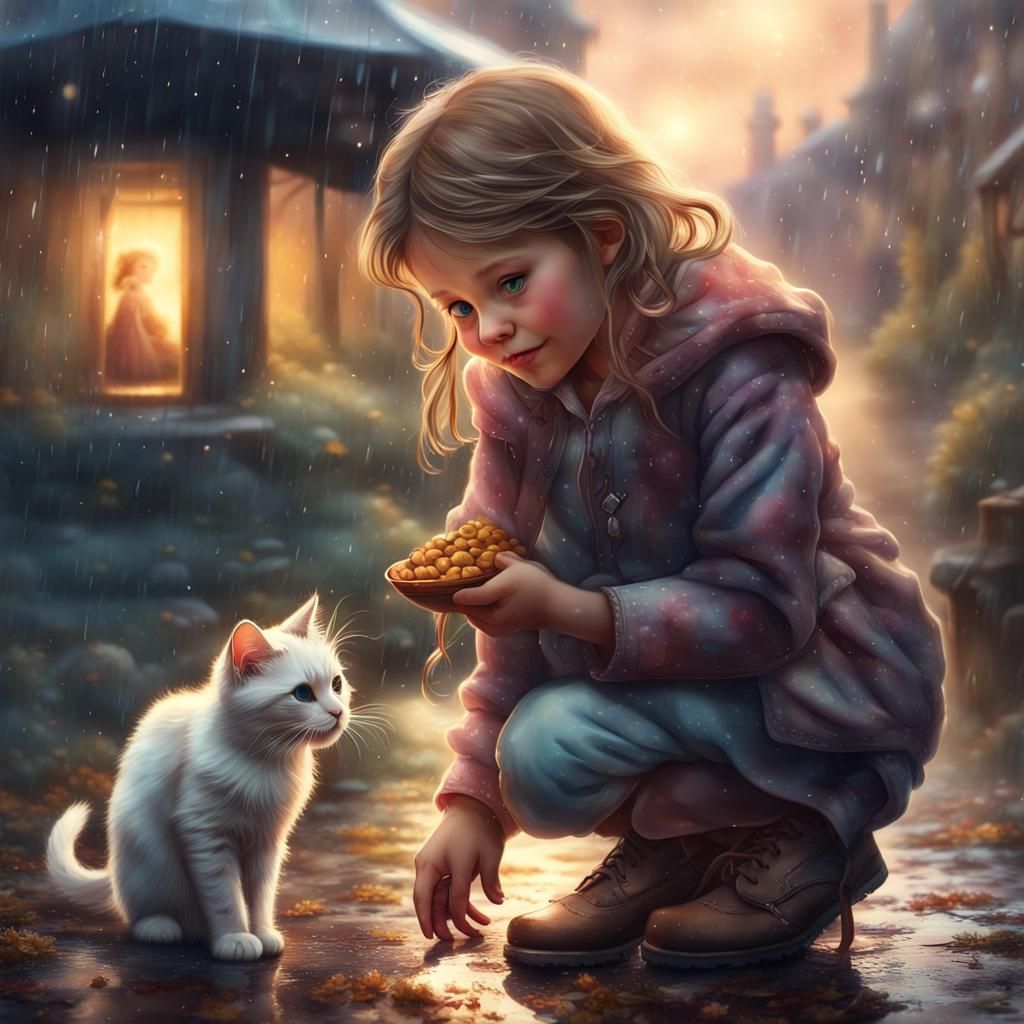Whimsical Girl Helps Feline Friend on Rainy Day in Fantasy S...