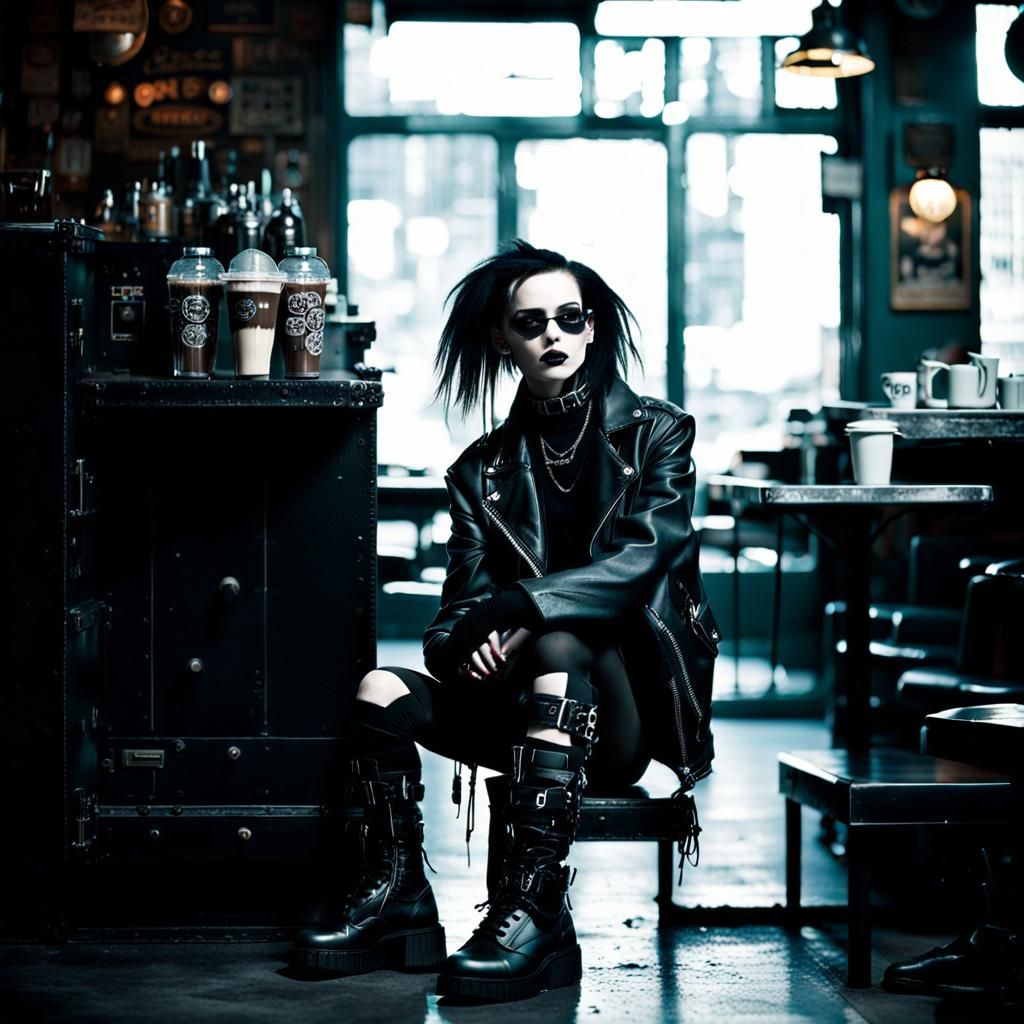 Goth Fashionista in 90's Cyberpunk Coffee Shop