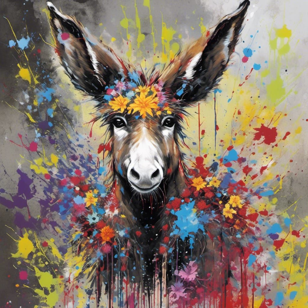 Splatter Graffiti Farm House Scene with Donkey and Vibrant F...